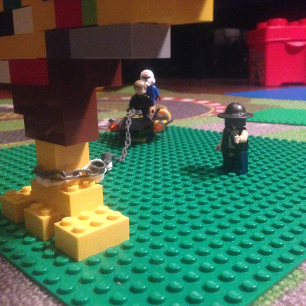 Yes, that is a giant Lego turkey leg chained up by a stormtrooper and Luke. And, yes, Pilgrim Han Solo totally shot first.